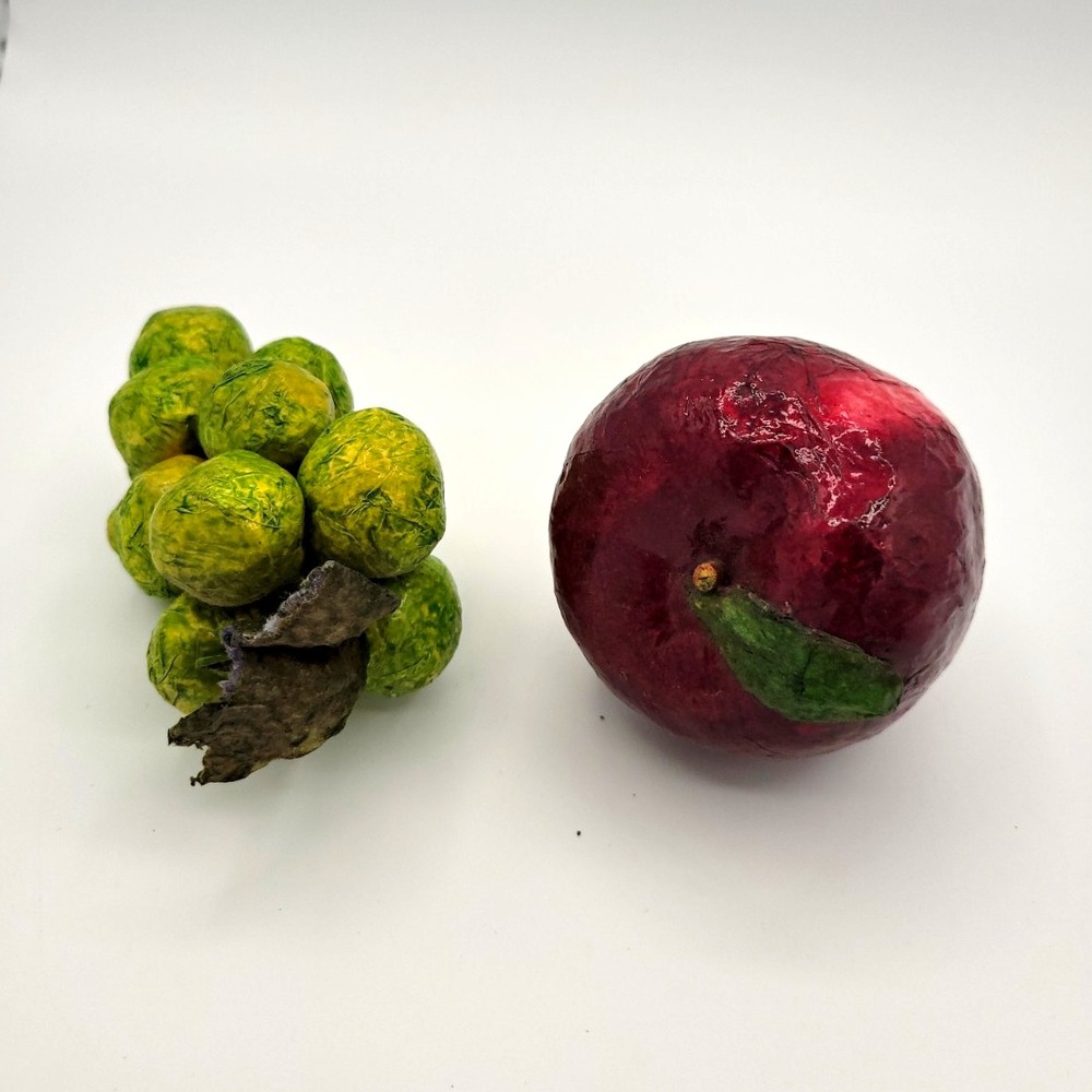 Papier Mache Decorative Faux Fruit Set 2pc Red Apple & Green Grape Cluster